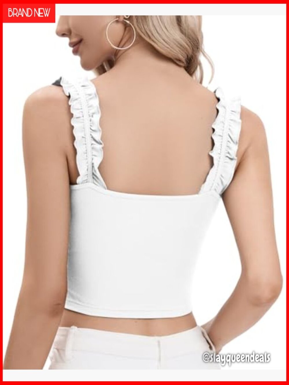 Ribbed Crop Tank Top Square Neck Ruffle Strap Lightweight Stretchy Women's - Picture 3 of 7